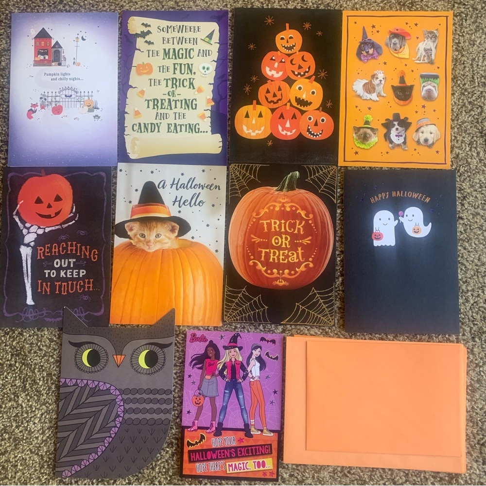 10 Hallmark Halloween Greeting Cards All Different Cats Pumpkins Ghosts Kids NEW